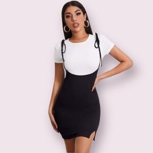 SHEIN Rib-Knit Tee & Tie Shoulder Suspender Dress in Black